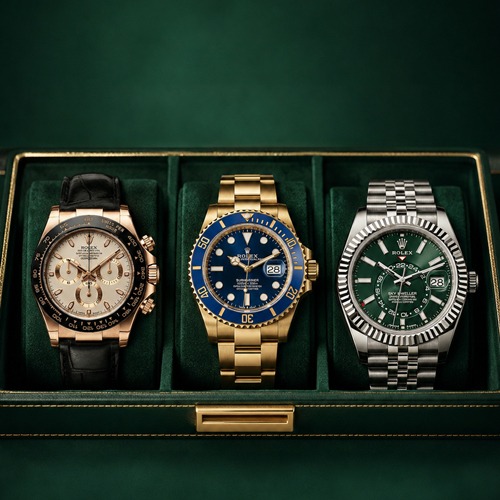 Three luxury watches displayed in a velvet case